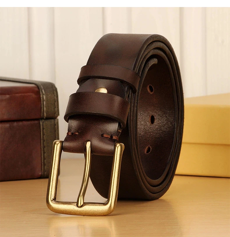 Paski męskie ze skóry licowej bydlęcej o grubości 5 mm, męskie paski ze skóry naturalnej w stylu vintage z solidną miedzianą klamrą, wytrzymałe i trwałe.