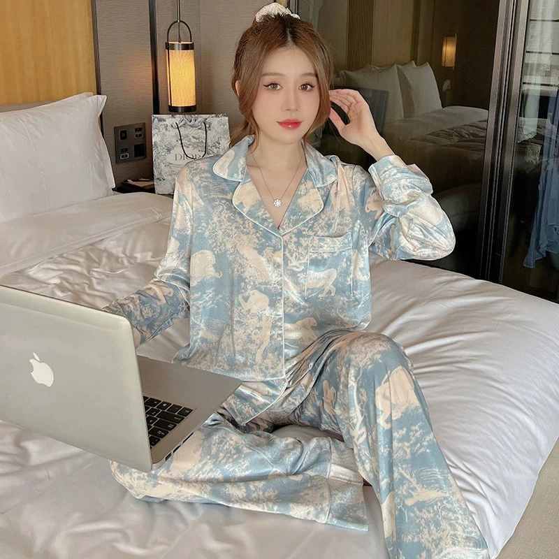 2024 Spring Autumn New Ice Silk Soft Clothes Sets Lapel Button Cardigan Women Sets Luxury Two Pieces Blue Bandhnu Women Pajama