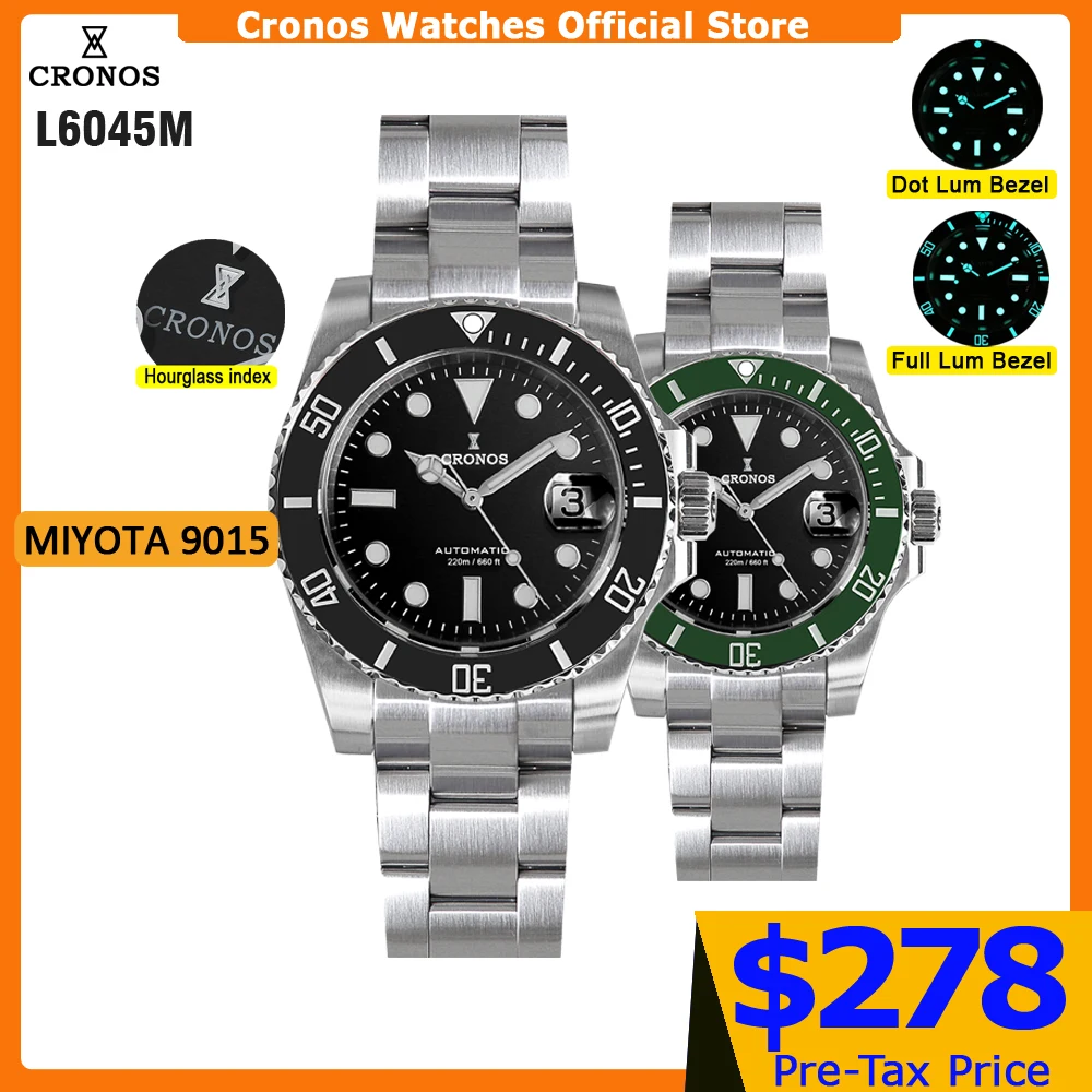Cronos Sub Diver Men Watch Miyota 9015 Enamel Dial Brushed Bracelet Ceramic Bezel 200 Meters Water Resistant Glideclasp L6045