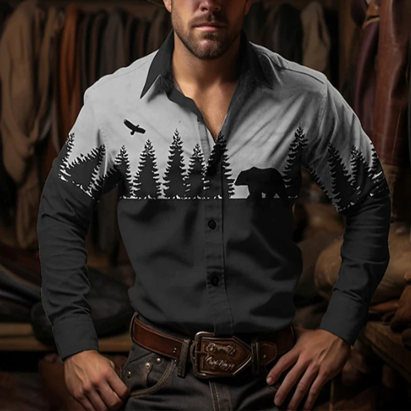 

2024 Western Cowboy 3D Printed Men's Long Sleeve Holiday Party Top Shirt New Arrival New Long Sleeve Shirt XS-6XL