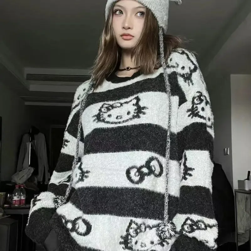 Anime Cartoon Hello Kittys Oversize Mid-Length Sweater Striped Lazy Style Fashionable Women\'s Printed Pullover Bottoming Sweater