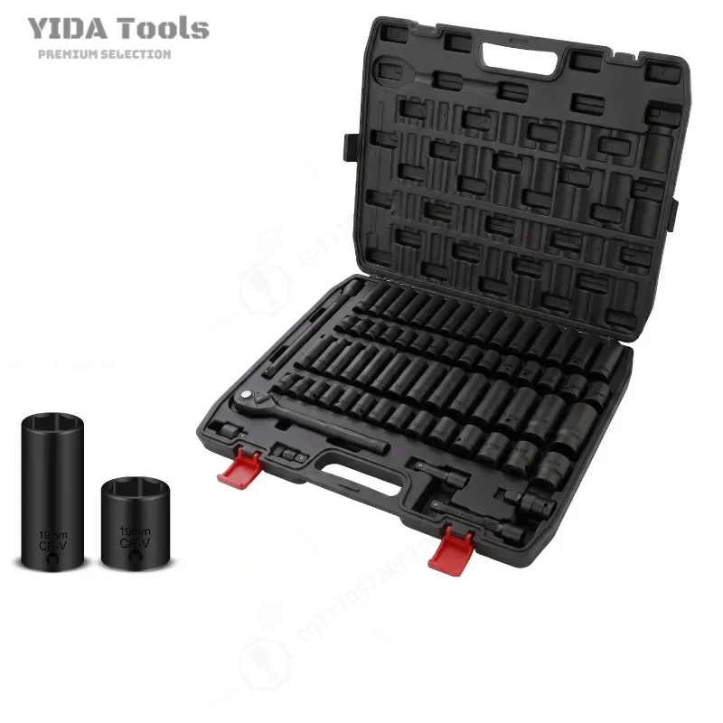 65 Piece 1/2 Inch Metric Pneumatic Impact Socket Set with Large Extension Bar Drive Tool Kit