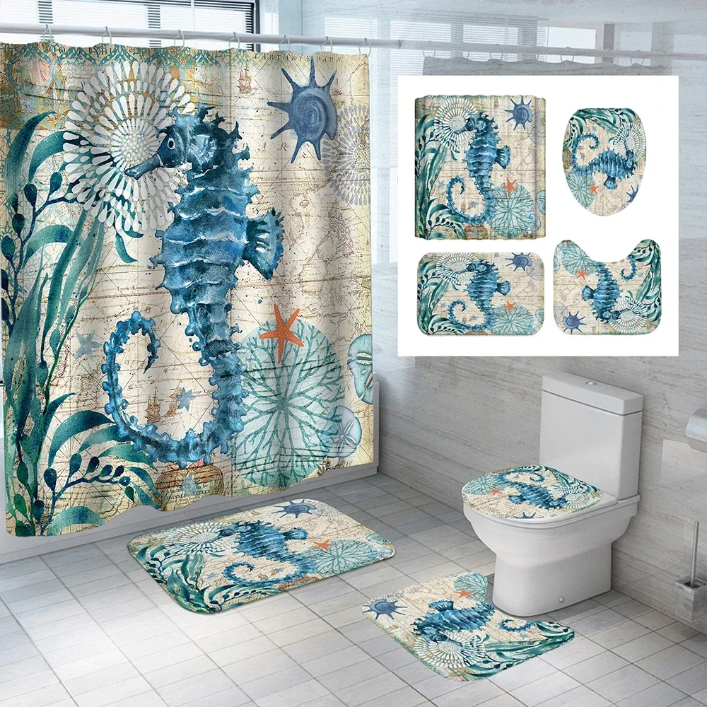 Turtle Sea Horse Dolphin Print Shower Curtain Set Bathroom Bathing Screen Anti-slip Toilet Lid Cover Carpet Rugs Home Decor Sets