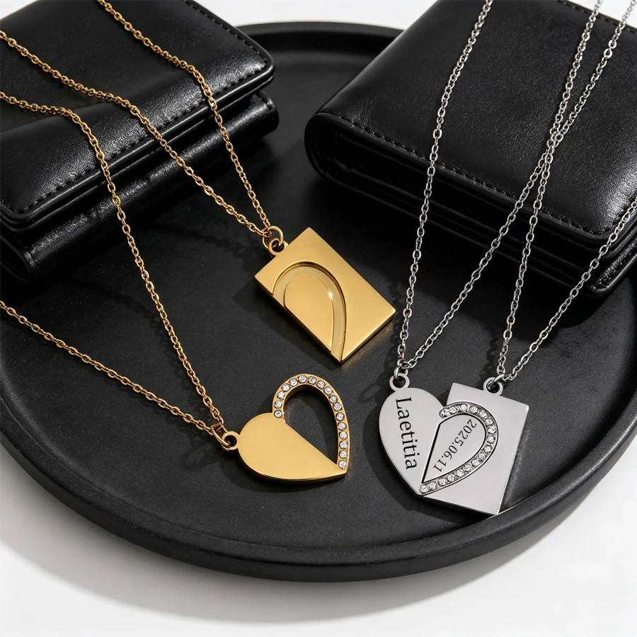 Acheerup Engraved Name Text Puzzle Heart Pendant Necklace for Women Stainless Steel Sparkling Zircon Heart Jewelry Couple Gifts