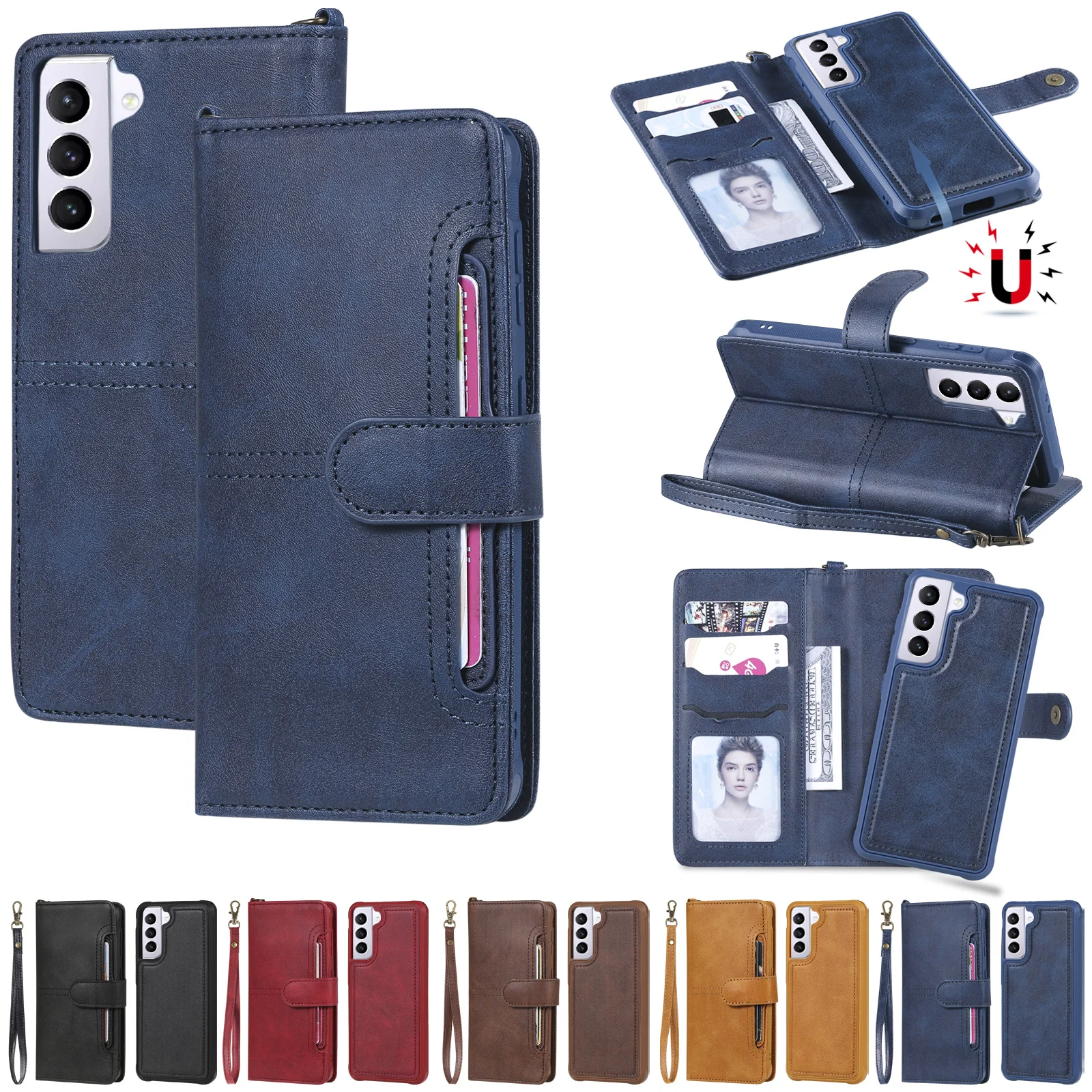 

Flip Wallet Detachable Leather Case for Samsung S22 Ultra S21 S20 FE Note20 S10 S9 S8 Plus Note10 9 8 Magnetic Stand Phone Cover