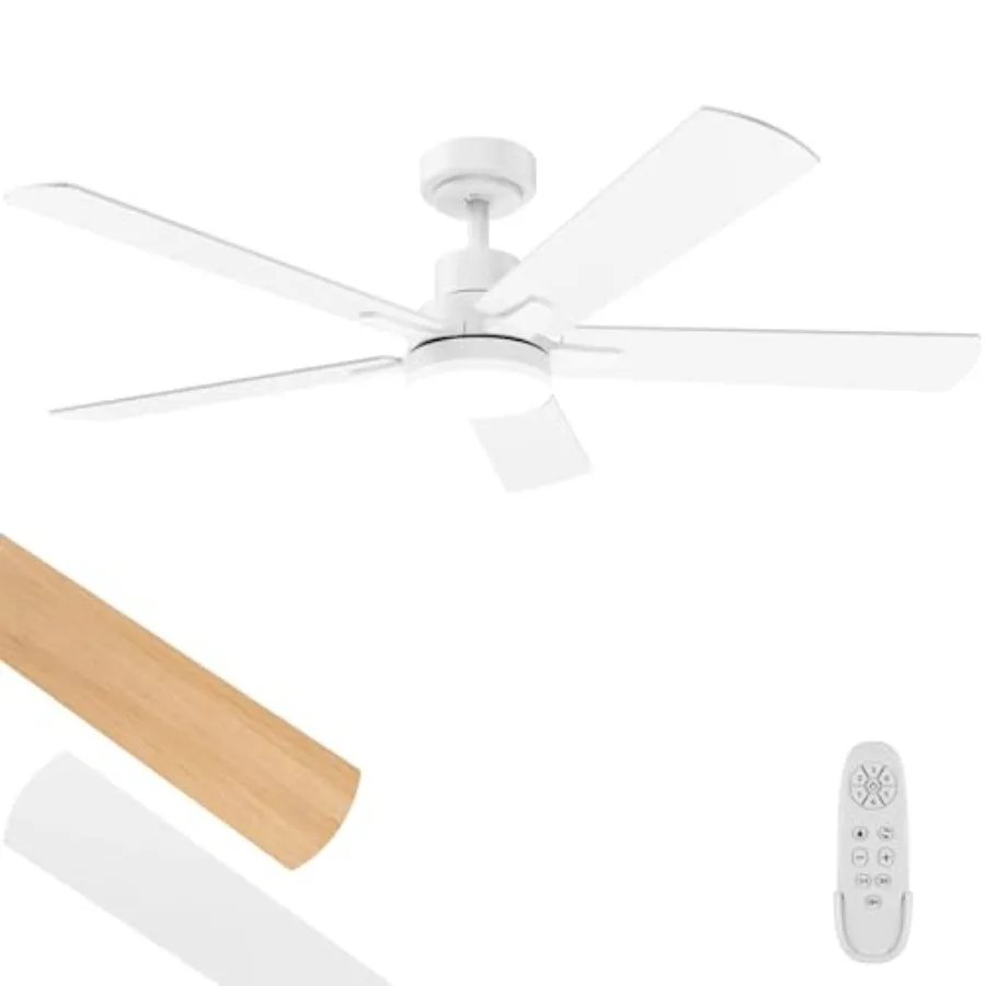 

Bedroom living room ceiling fan with light, 52-inch white DC motor fan, reversible, 3CCT dimmable, remote control, timer, noise