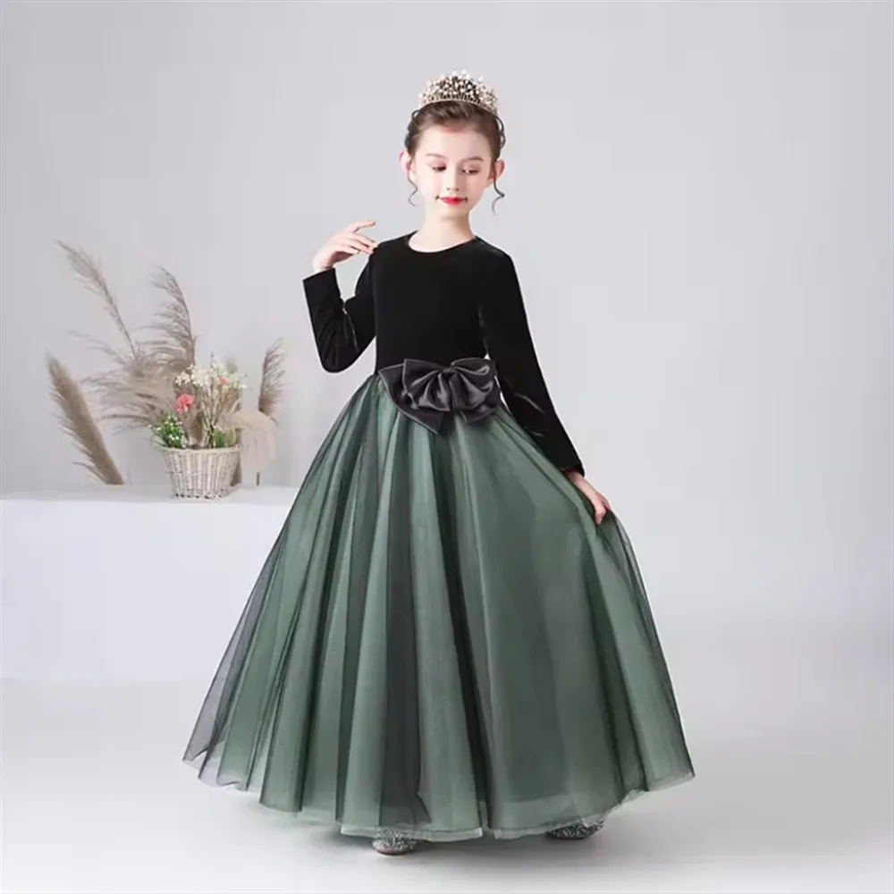 

Customized Elegant Long Sleeves Flower Girl Wedding Dress Velvet with Bow Kids Princess Birthday Party Dress Formal Pageant Gown