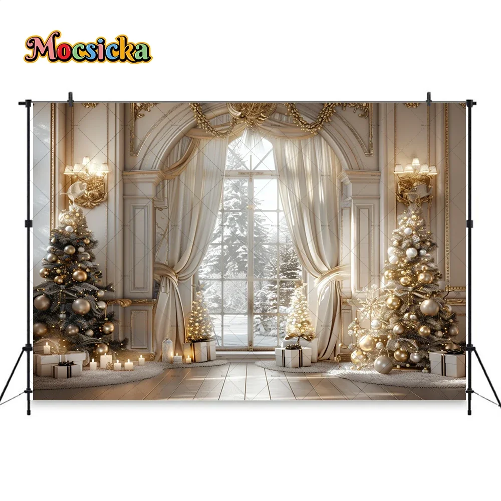 White Christmas Window Background for Wedding Birthday Photography Xmas Room Gold Xmas Tree Palace Backdrop Winter Studio Props