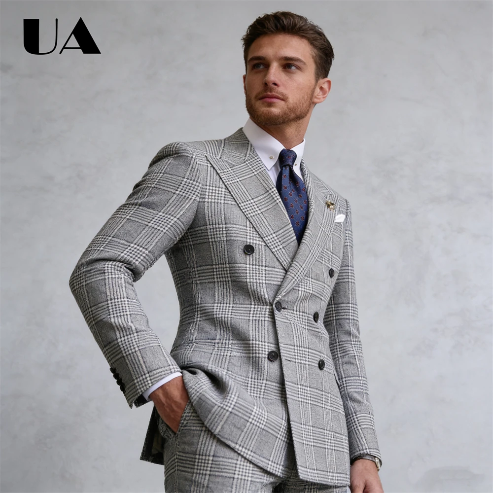 

Retro Checkered Suit Set Including Jacket and Pants, Men's Formal Suit Double Breasted Jacket XXS-7XL Tuxedo Blazer Trousers