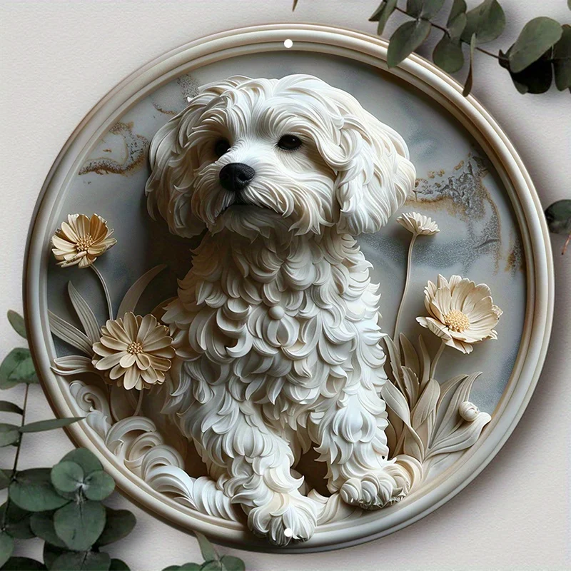 Aluminum Pet-Themed Decorative Sign, Waterproof HD Printed Maltese Dog with Floral Wreath Design, Pre-Drilled, Weather Resistant