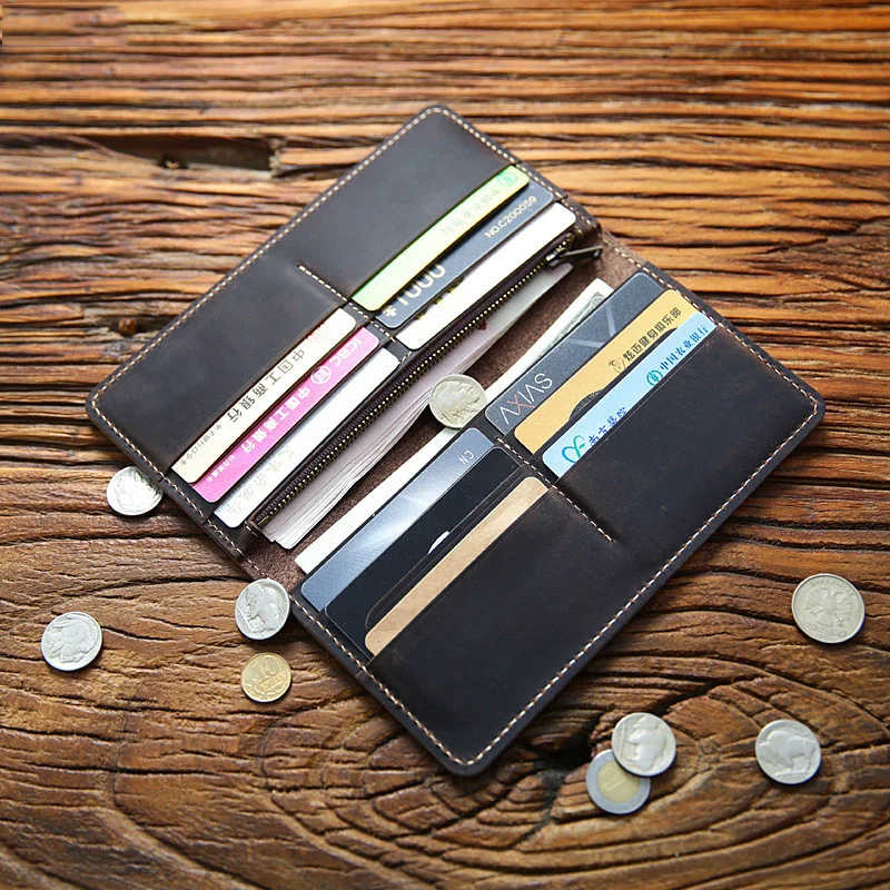 Genuine Leather Wallet For Men Male Vintage Handmade Long Bifold Purse Card Holder With Zipper Coin Pocket Carteira Masculina