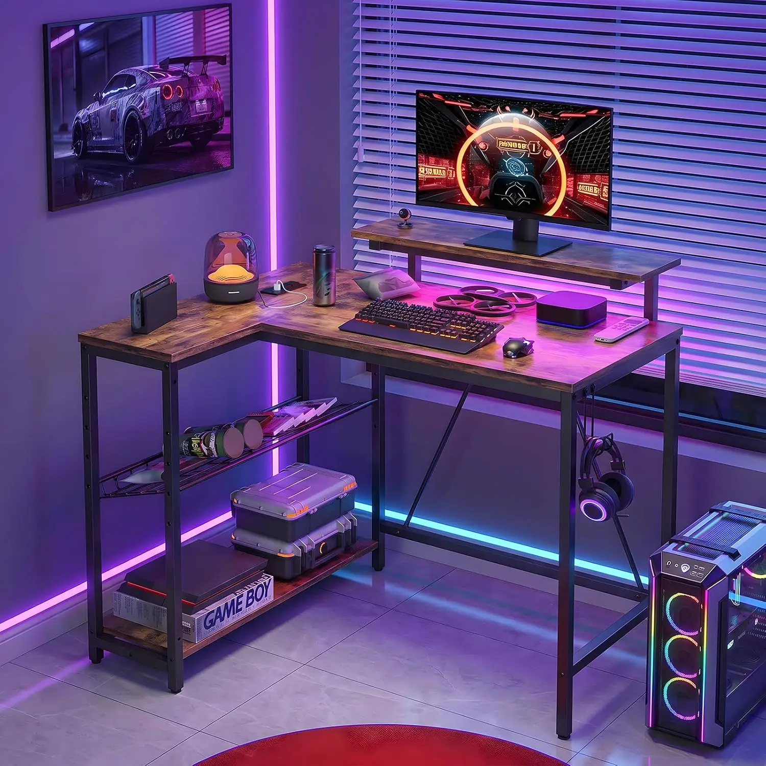 42-Inch L-Shaped Gaming Desk with Charging & LED, Rustic Brown | Charging 2AC+USB+Type-C, RGB LED 7 Colors/20, Customized