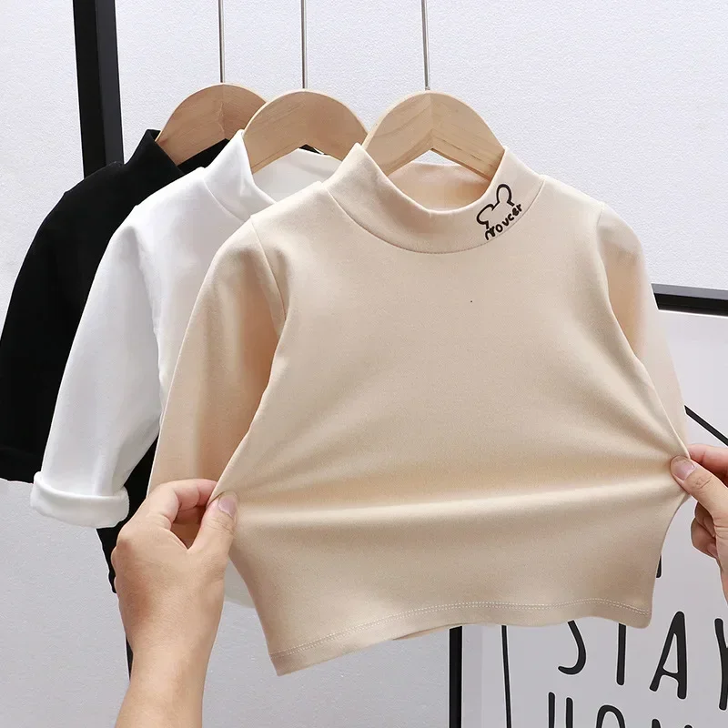 Jesienno-zimowa dzieci dzieci chłopcy dziewczęta t-shirty topy z golfem jednolita, długa rękaw ciepły polar koszule z wycięciem pod szyją Tees dla dzieci