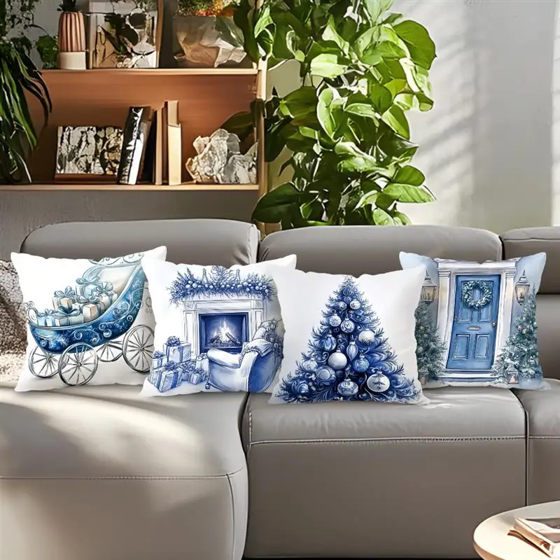Blue Christmas Decor Cushion Pillowcase Printed Polyester 45x45cm Throw Pillowcover Decorative Sofa Cushion Pillowslip Decor