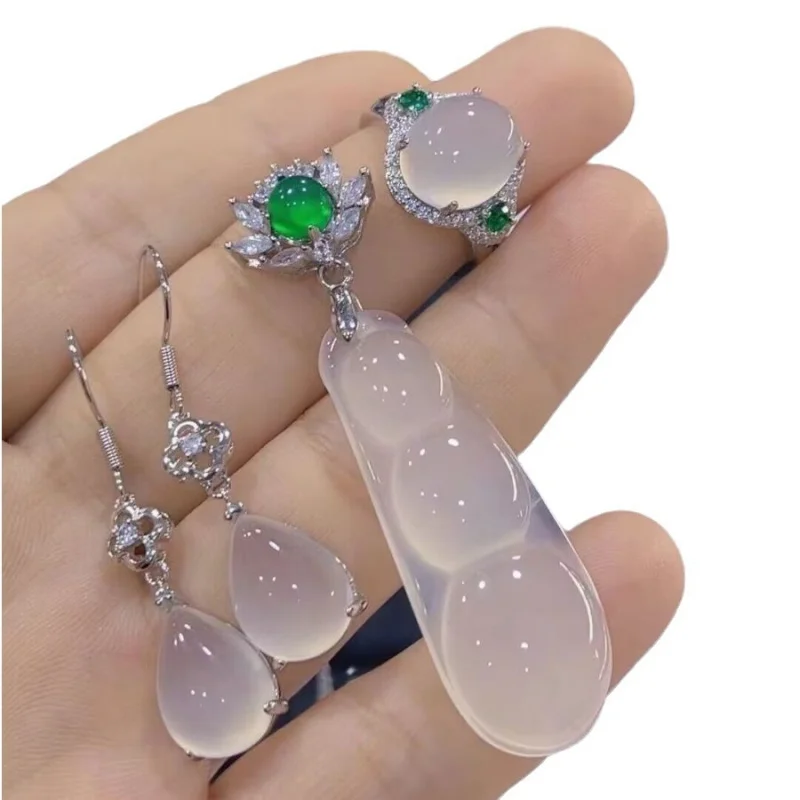 Ice White Chalcedony Fortune Bean , Agate Women's Earrings and Ring, Jade Three-Piece Gift Set view 5