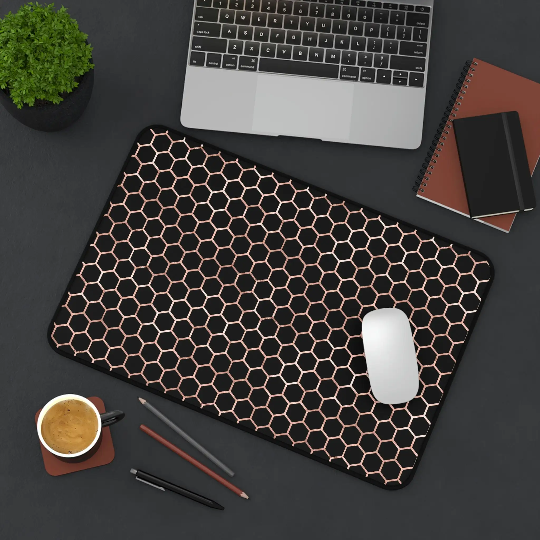 Black and Rose Gold Hexagon Keyboard and Deskmat,minimalist Honeycomb Deskmat,office Accessory,suitable As A Gift for Colleagues