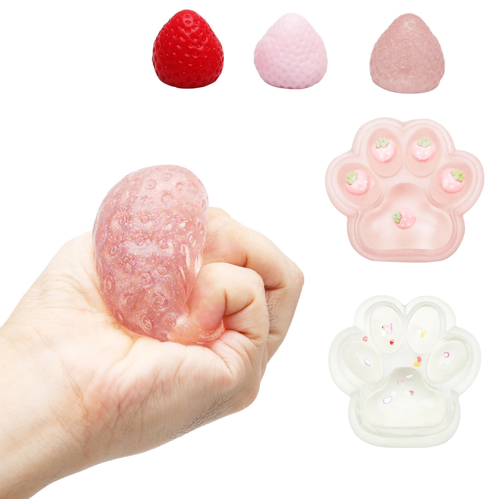 5 Pcs Portable Squeeze Toy for Relaxation Soft Cute Strawberry and Cat Paw Squishy Toy for Children and Adult Holiday Event