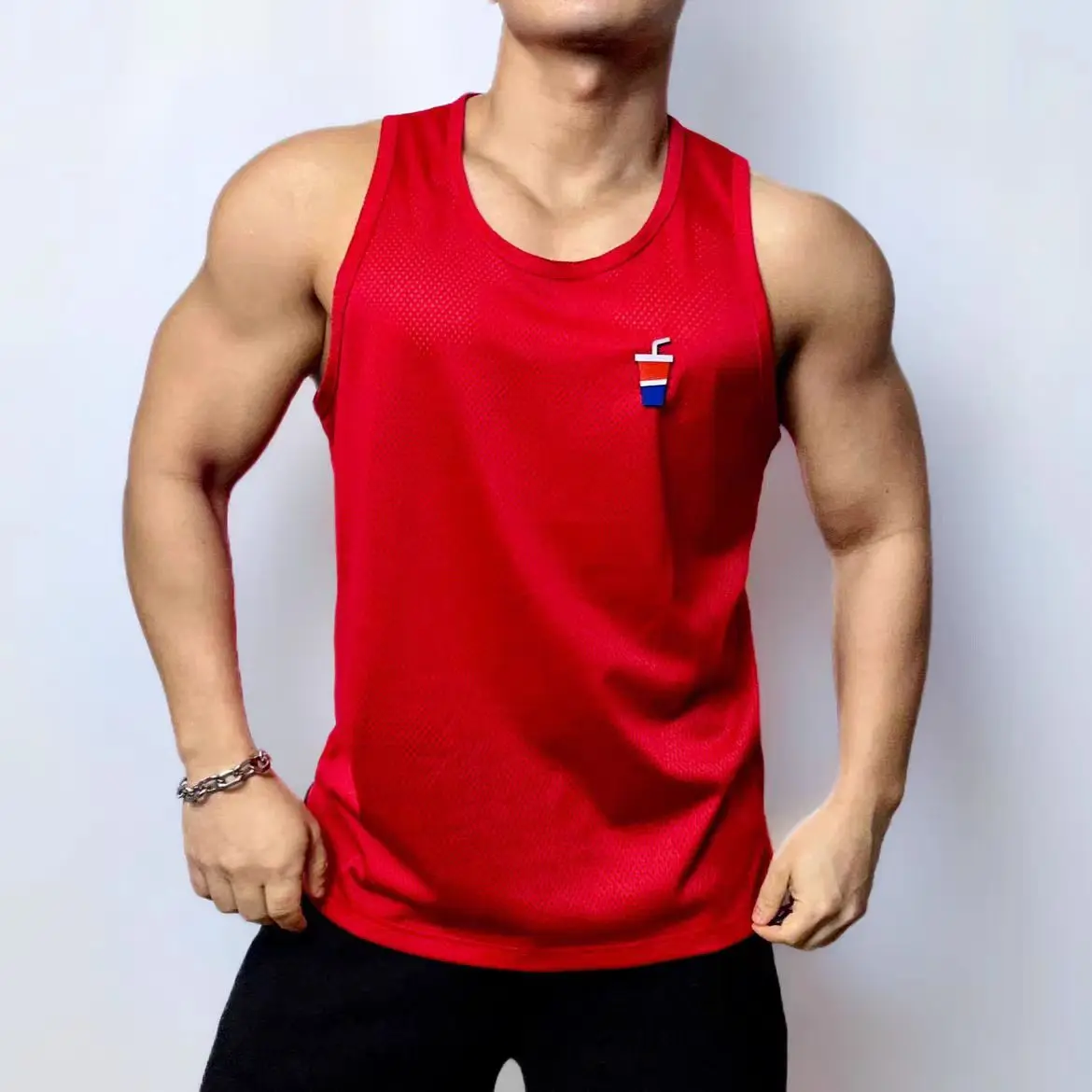 Man Red Breathable Embroidered Mesh Sports Vest Cool Muscle Loose fitness Singer Dance Stage Performance tank Top