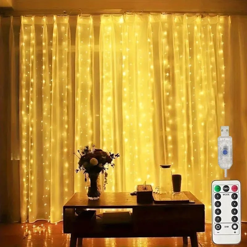 

Christmas Decoration Curtain LED String Lights USB Plug-in with Remote Control Holiday Wedding Indoor Bedroom Home Party Lights