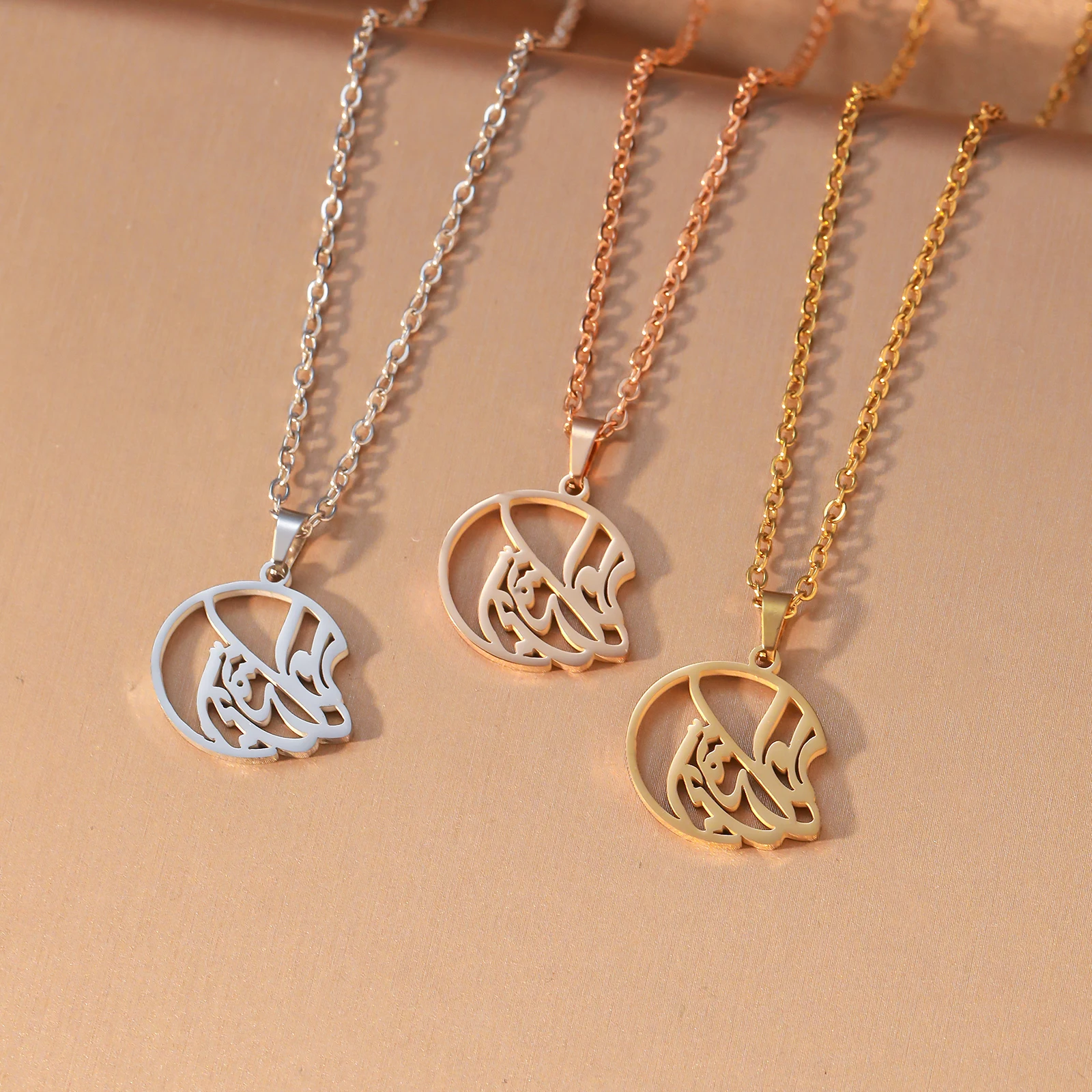 Hollow Round Calligraphy Pendant Necklace, Multicolor Stainless Steel Delicate Cable Chain Necklace, Minimalist Faith Symbol Women's Jewelry, Birthday Holiday Gift