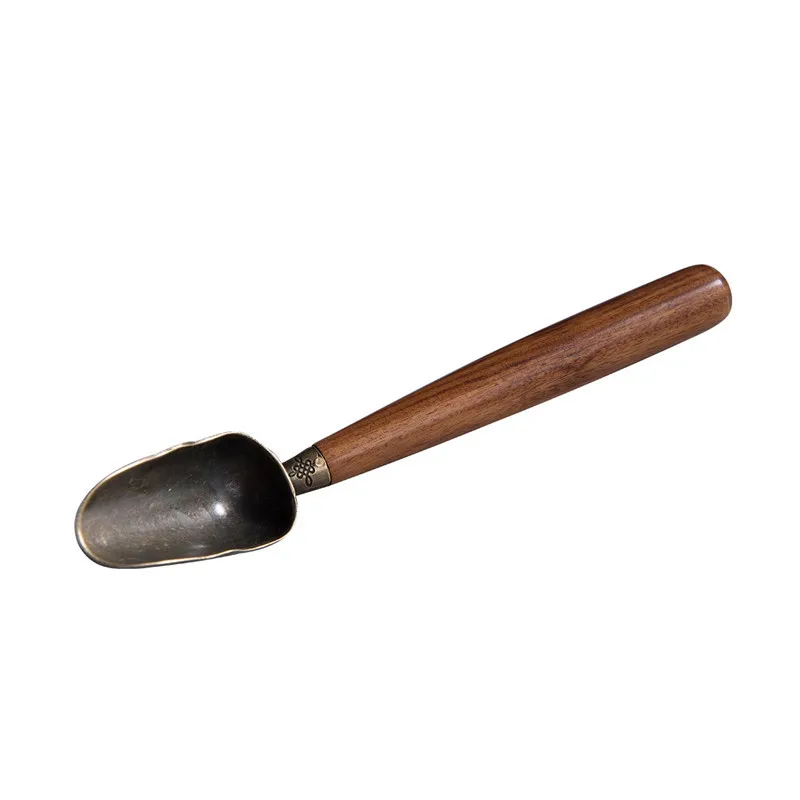 18cm Ebony/rosewood Wood Handle Curved Bronze Tea Scoop Shovel Kung Fu  Spoon  Ceremony Accessories