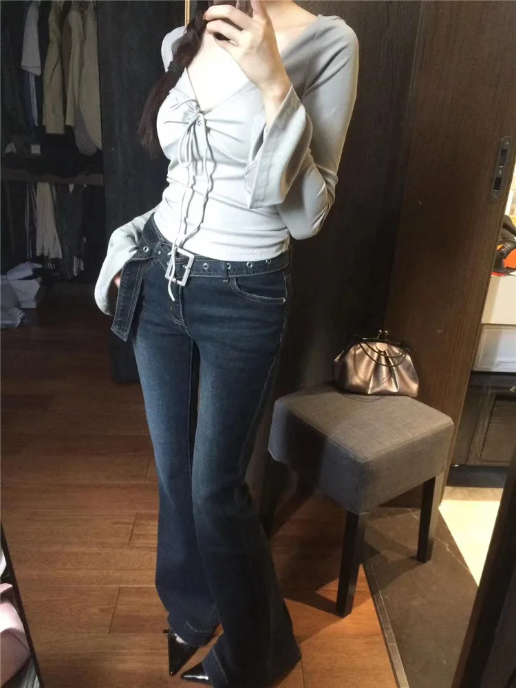 

American Style High Street Deep Blue Low Waist Bell Bottom Jeans Women's Slimming Long Length Taller Spring Autumn Floor Leng...