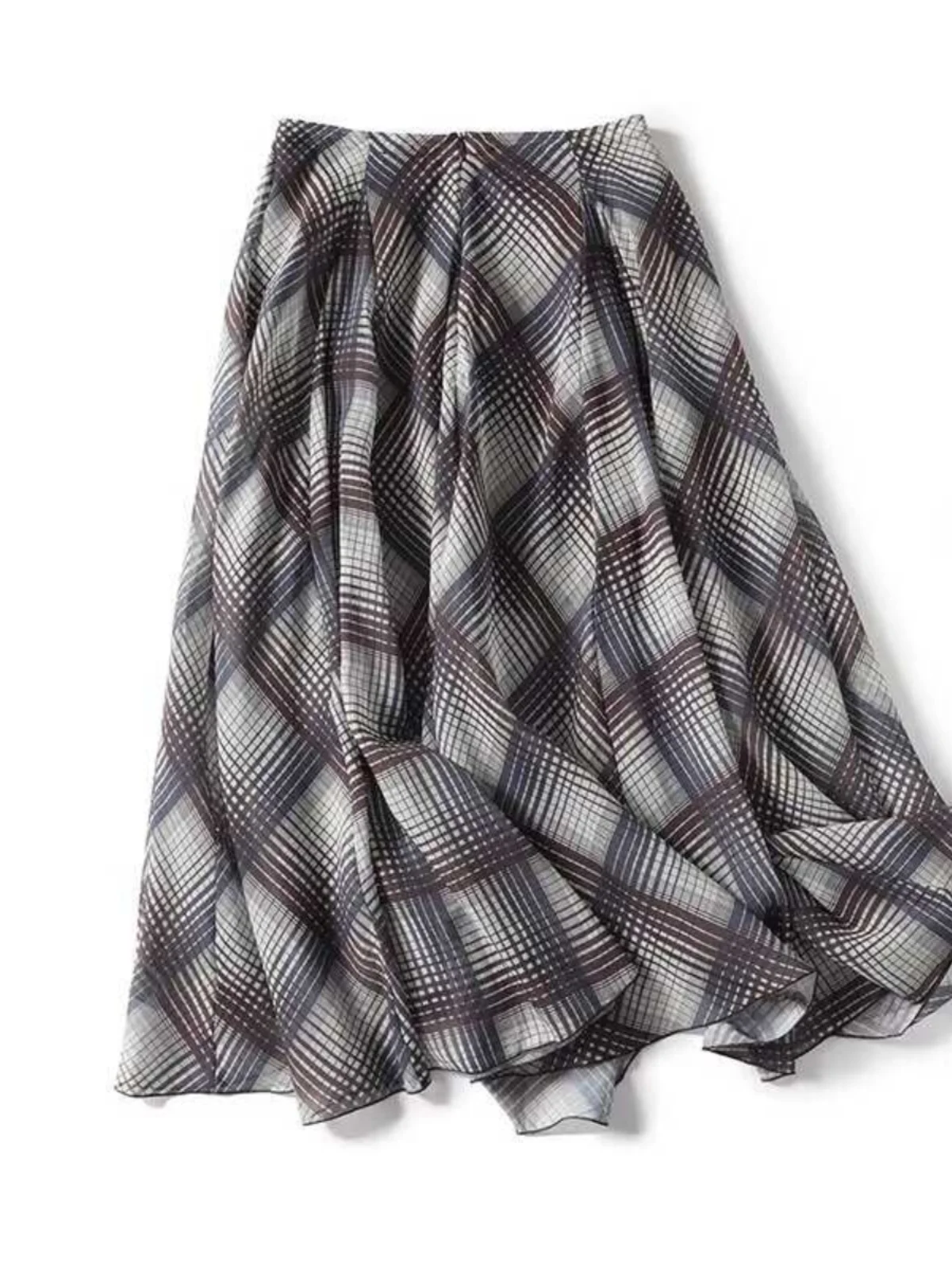 Künstlerischer, lässiger, karierter F-Rock für Damen, Frühling und Sommer, Neuankömmling, drapiert, lockere Passform, Glocken-Bot-Rock, Ci-Pendlerfreundlich