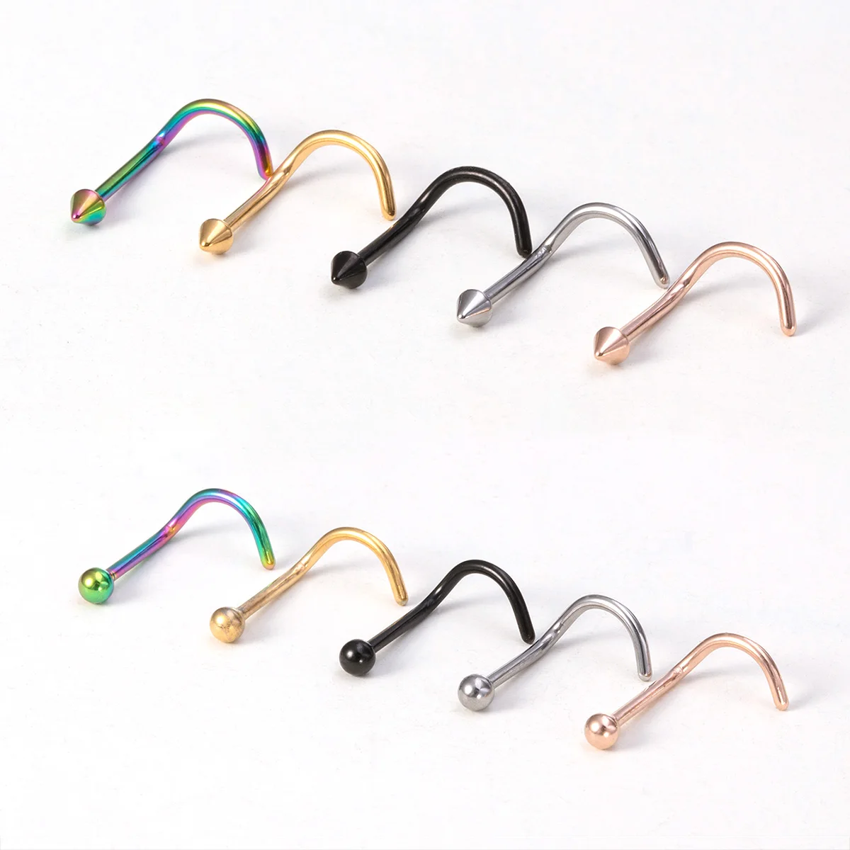 5pcs Straight Bend Bar Round Cone Nose Rings For Women Men Stainless Steel Nostrils Piercing Jewelry Fashion Nostrils Stud Screw