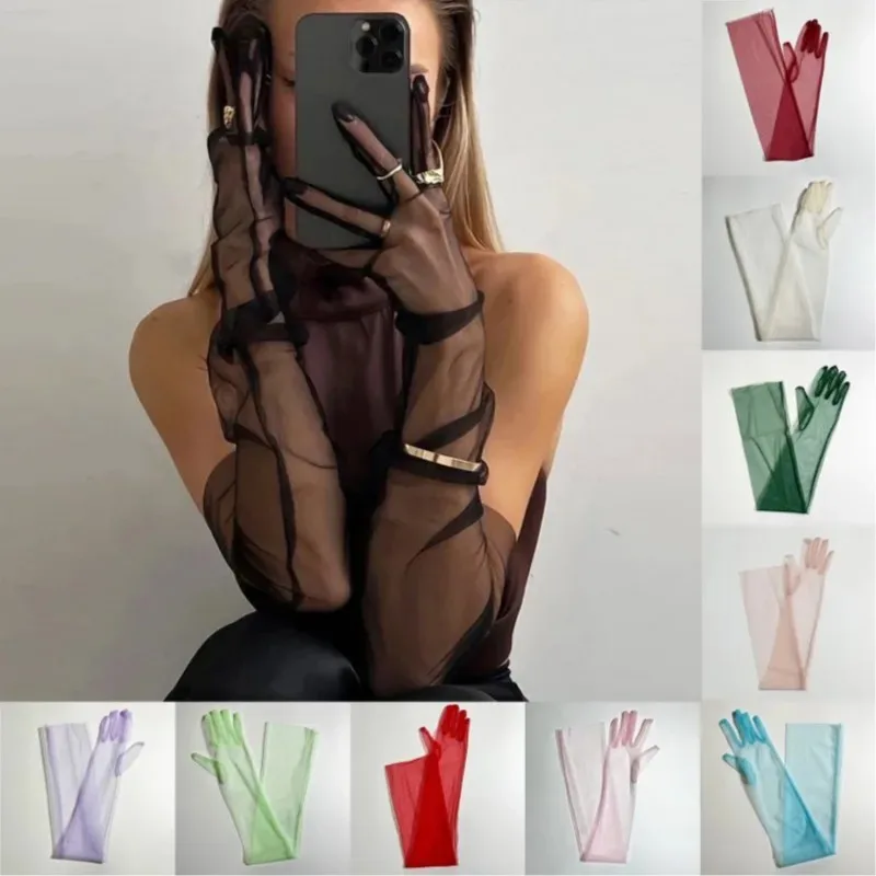 Frauen Transparente Ultra Tüll Handschuhe Mesh Sheers Volle Finger Ellenbogen Lange Sonnenschutz Handschuhe Vintage Hochzeit Braut Kleid Fäustlinge