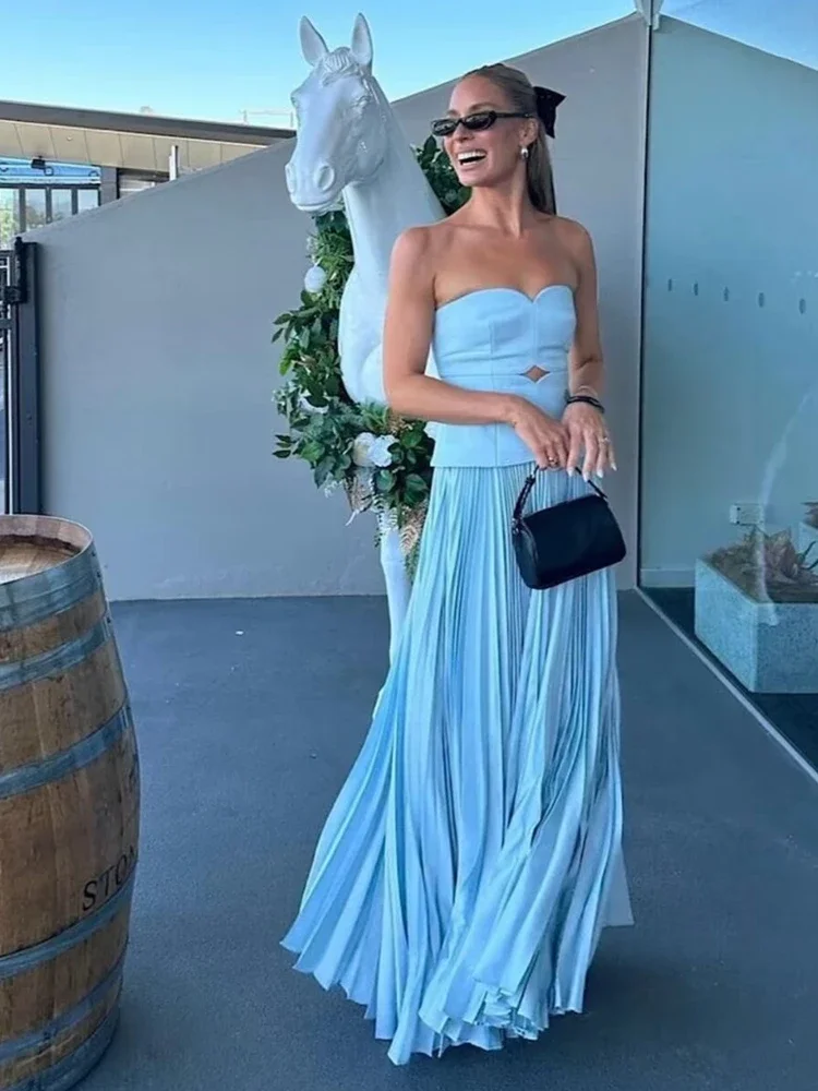 Elegant Blue Off Shoulder Pleated Dress For Women Sleeveless Backless A Line Dresses 2024 Spring New Female Vacation Party Robes