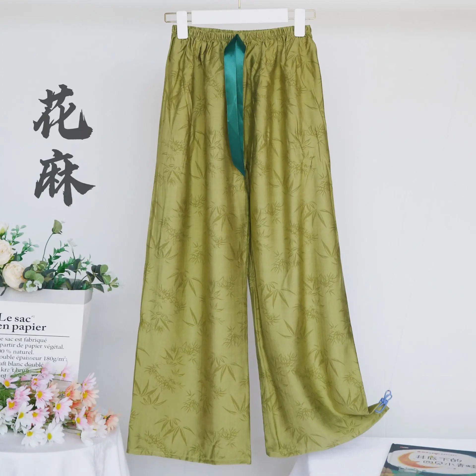 Spring Fall Cotton Linen Jacquard Sleepwear Retro Wide Leg Pants Casual Loose Versatile Home Pant Women Pajamas Trousers