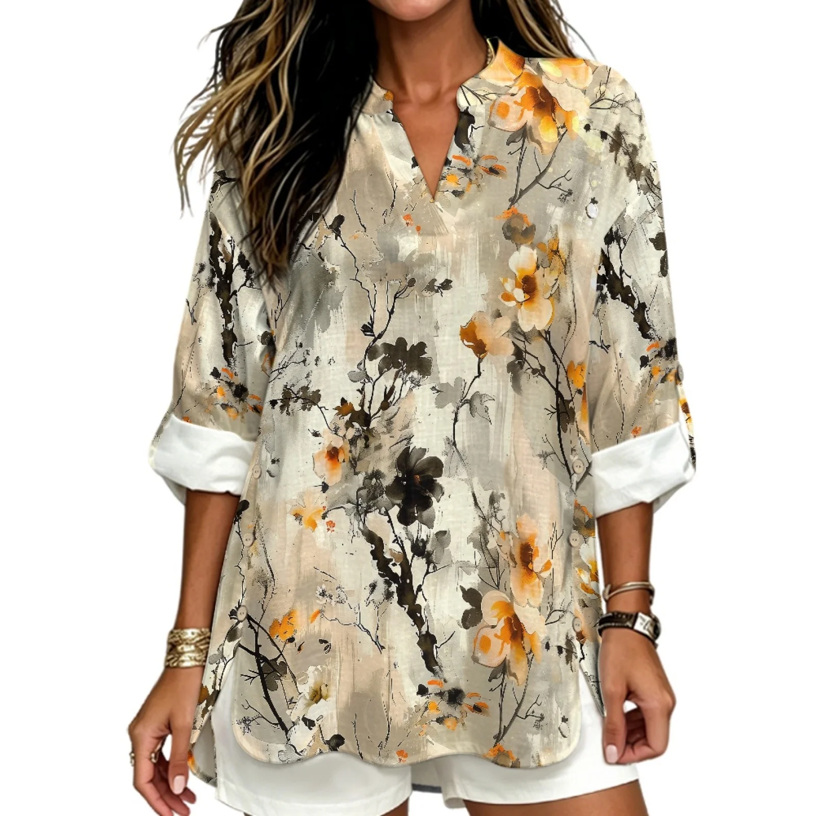 PENSTROLL Watercolor Floral Side Slit Casual Blouses for Women Linen Like V Neck Tunic Blouses V Neck Shirts view 2