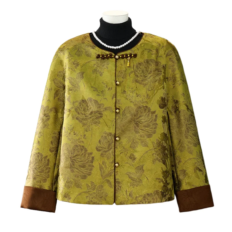 Women New Chinese Style Jacquard Knot Button Cardigan Autumn Floral Round Neck Long Sleeve Flattering Vintage Mother Jacket ﻿