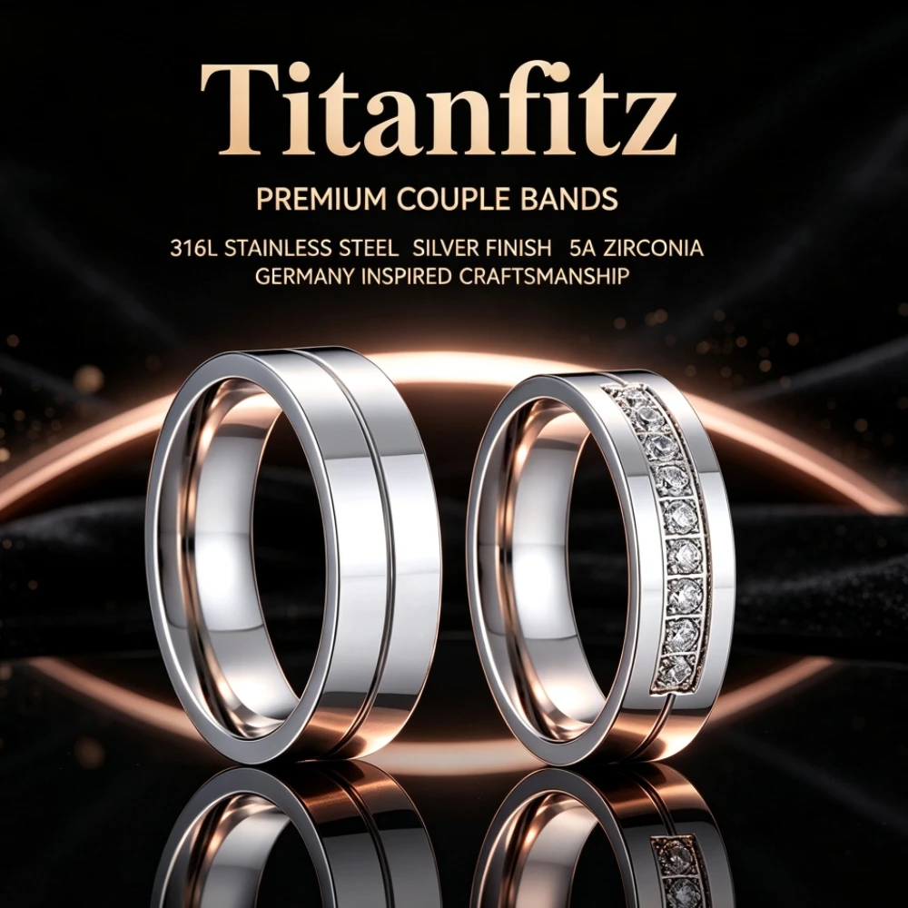 Titanfitz No Fading Silvery Wedding Band 316L Stainless Steel Hypoallergenic Promise Couples Ring For Him Her 5A Zirconia
