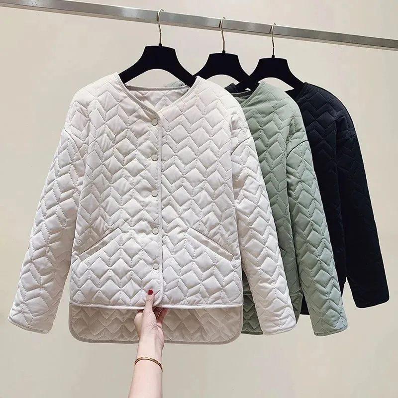 

Winter Woman Coat 2024 New Warm Parkas Solid Color Single Breasted O-Neck Loose Irregular Thin Cotton Padded Jacket Female B103