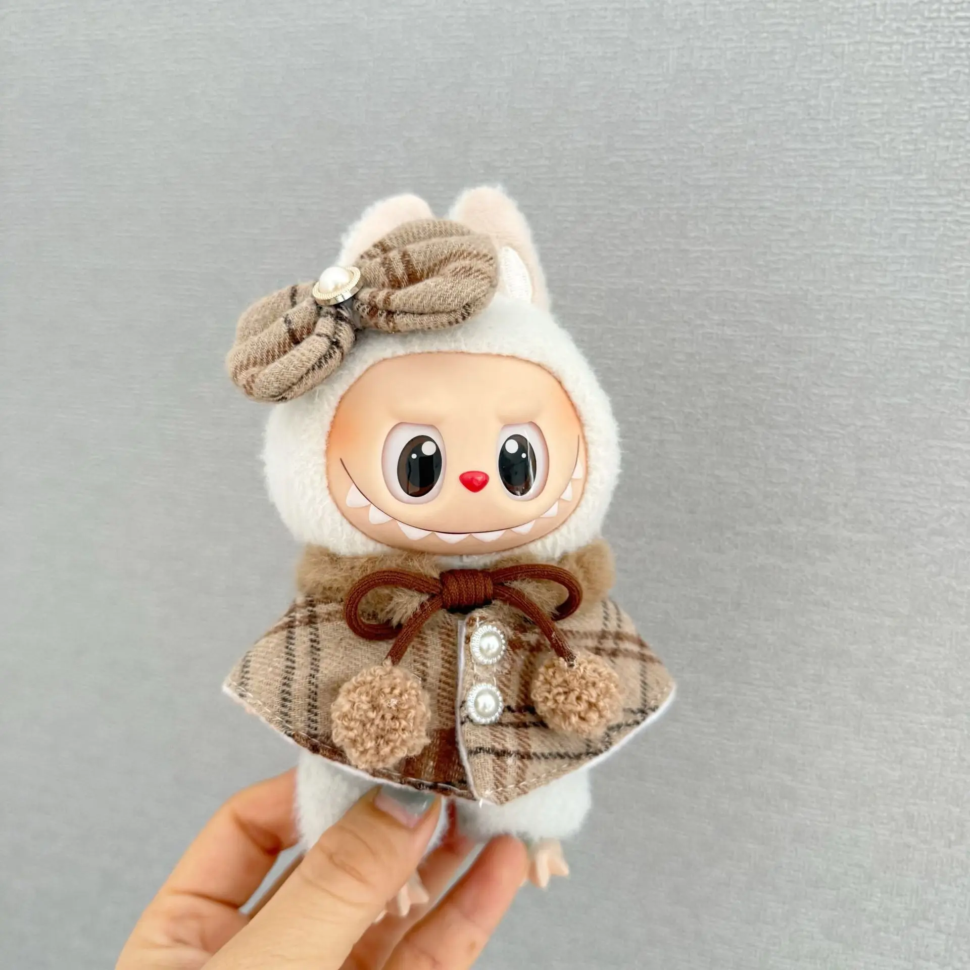 Vintage Plaid Outfits For 15cm17cm Cute Labubu 1st 2nd 3rd Gen Dolls Plaid Cloaks Bows Pearls Pom Poms For British Style Festive