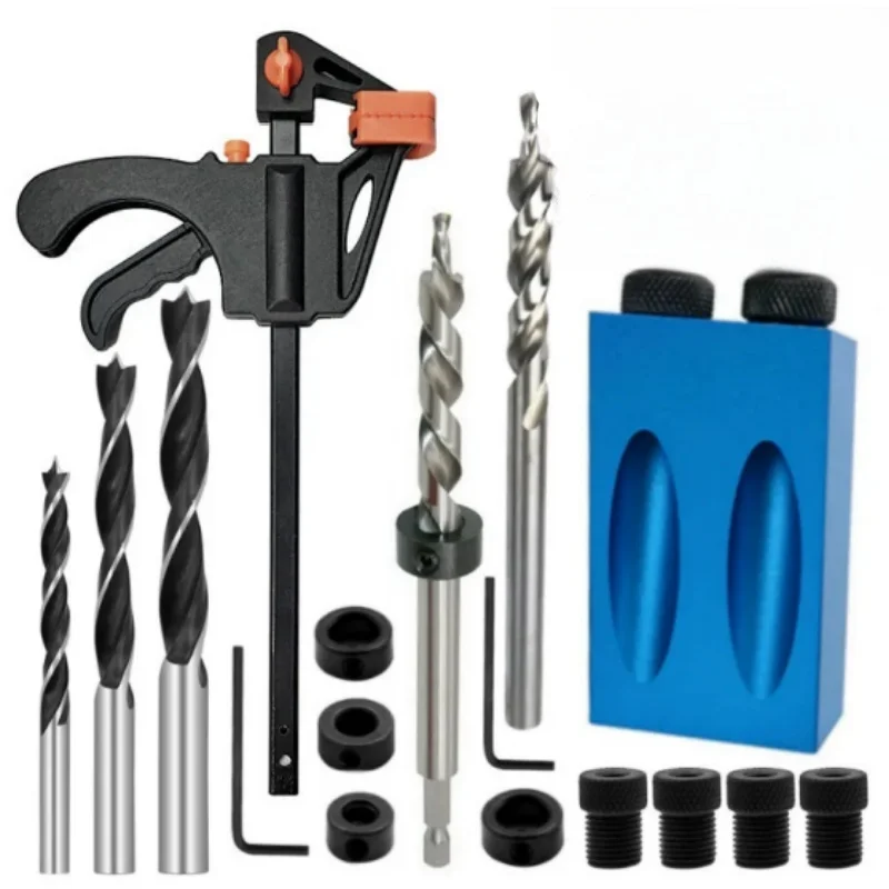Foro tascabile Vite Jig Tassello Trapano Kit di strumenti per giunti per legno 6/8/10mm Set di guide per trapano ad angolo di 15 gradi Perforatrice Strumenti di carpenteria fai da te