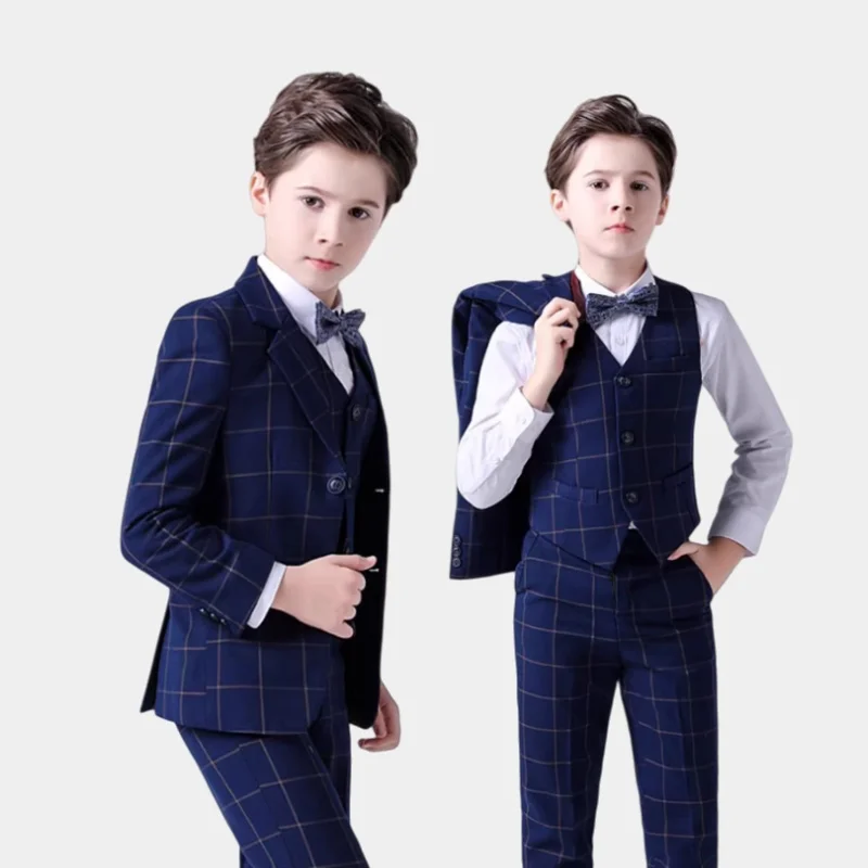 

Костюм для мальчиков: синий клетчатый комплект, приталенный, для свадьбы, дня рождения, выступлений на фортепиано, для хора, для ведущих