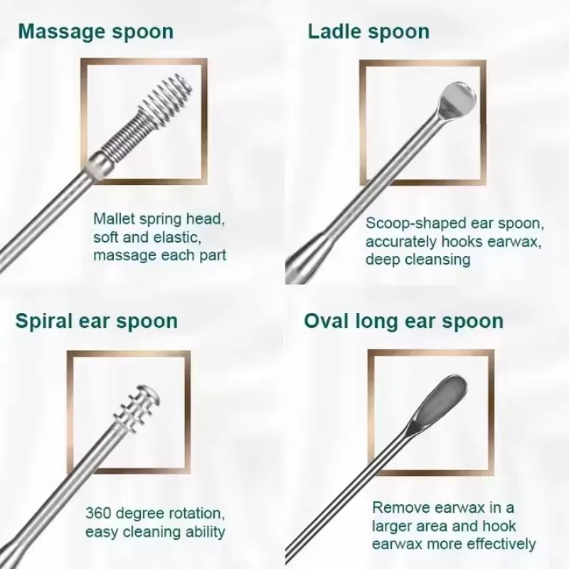 6pcs 스테인레스 스틸 귀 왁스 제거 도구 세트 나선형 회전 EarPicking 숟가락 귀 피커 스푼 청소 귀 왁스 수집
