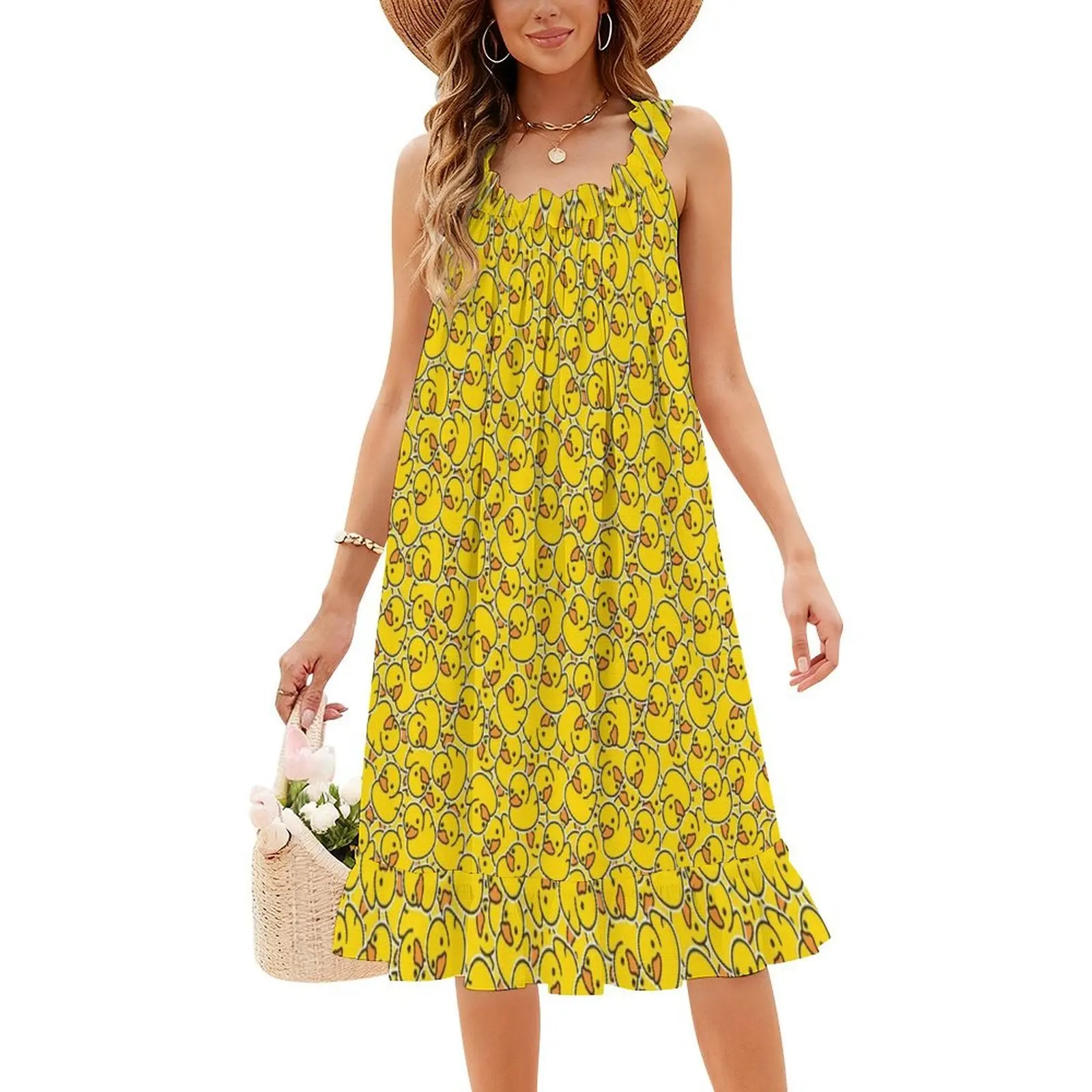 فستان قصير أصفر كلاسيكي على شكل بطة مطاطية على طراز Preppy للنساء على شكل حرف a فضفاض مناسب فستان يوم غير رسمي بطة مطاطية مطاطية لطيفة #4