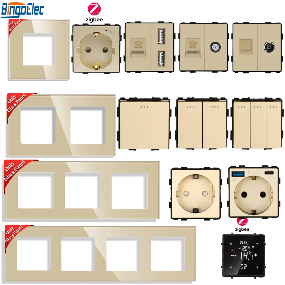 

Zigbee Smart Floor Heating Thermostat Function Parts Electric Water Gas Boiler and ZigBee/USB/EU Wall Socket Module Glass Panel