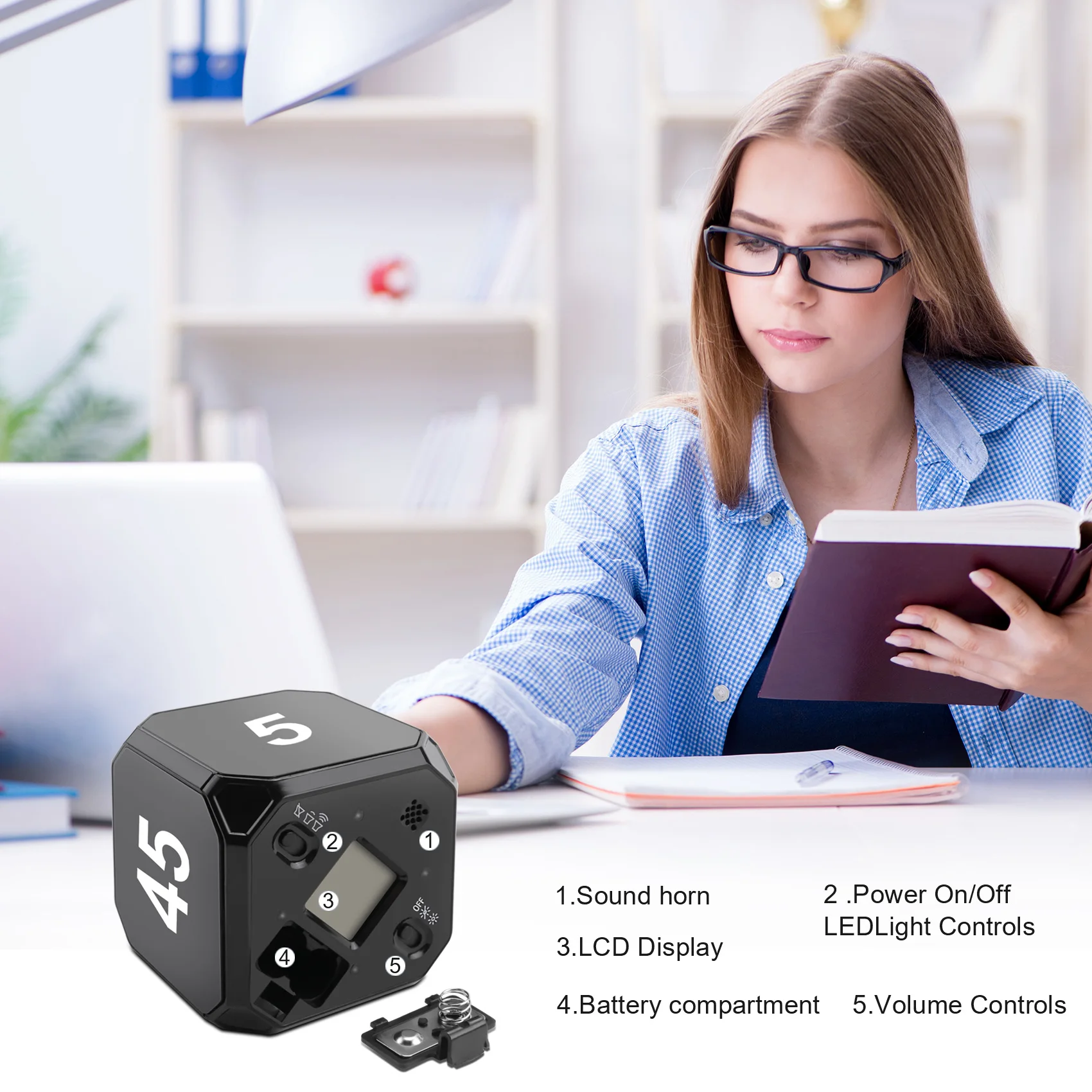 Cubo-Sensor de cocina Flip, gestión de meditación y cuenta atrás, 5-15-25-45 Min (negro)