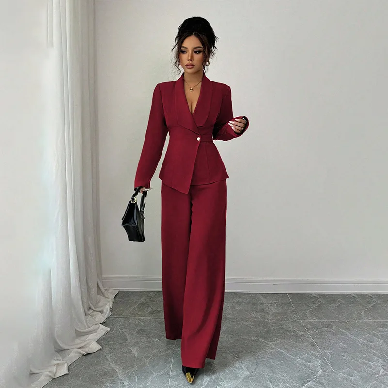 2025 Autumn Fashion Ladies Suit Elegant Long Sleeve Straight Leg Pants Two Piece Set Women's Professional Workwear Ensemble