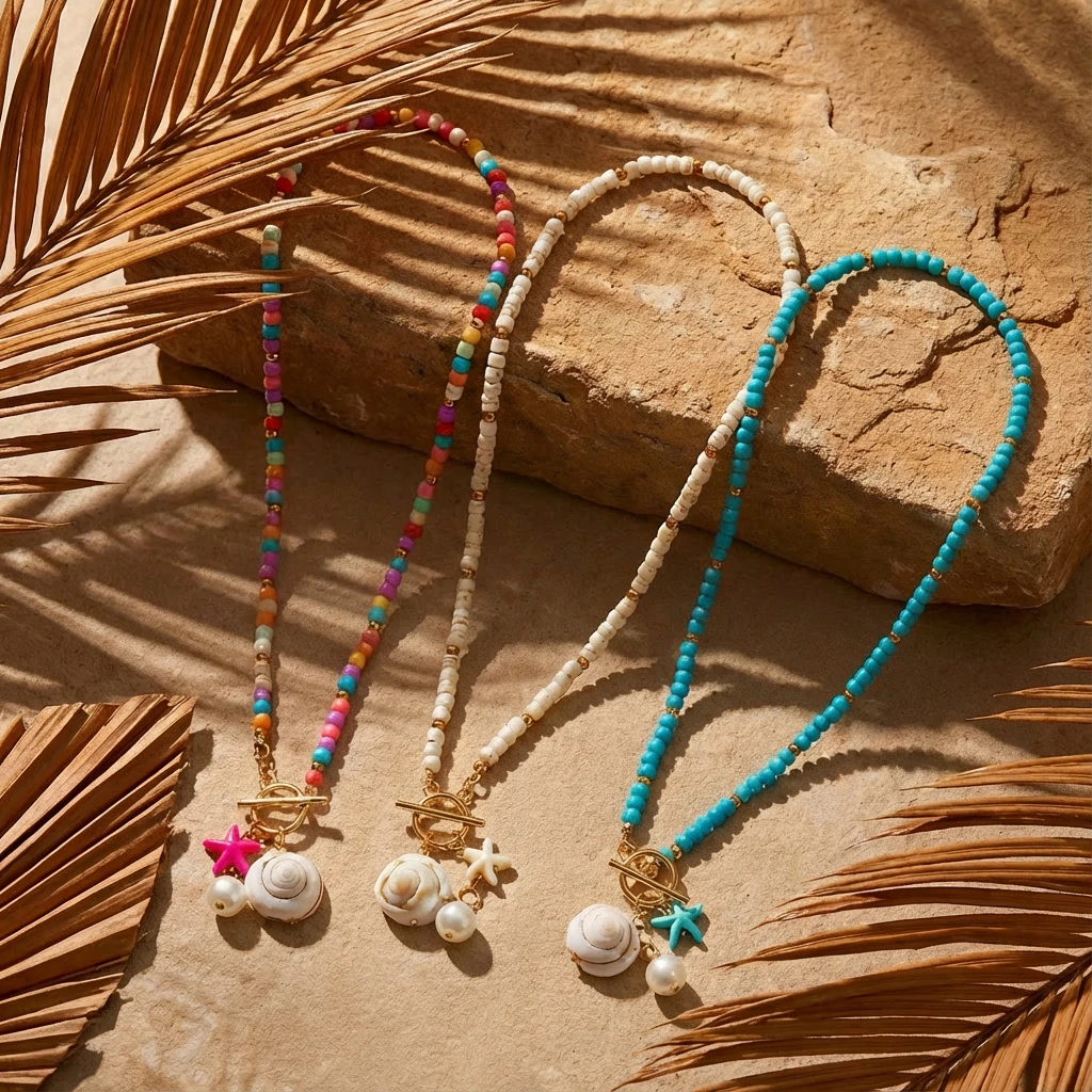 Böhmische Bunte Perlen-Seestern OT-Verschluss Anhänger-Halskette für Frauen Imitationsperlen Muschel-Halskette Sommer-Party-Schmuck – Detail 5