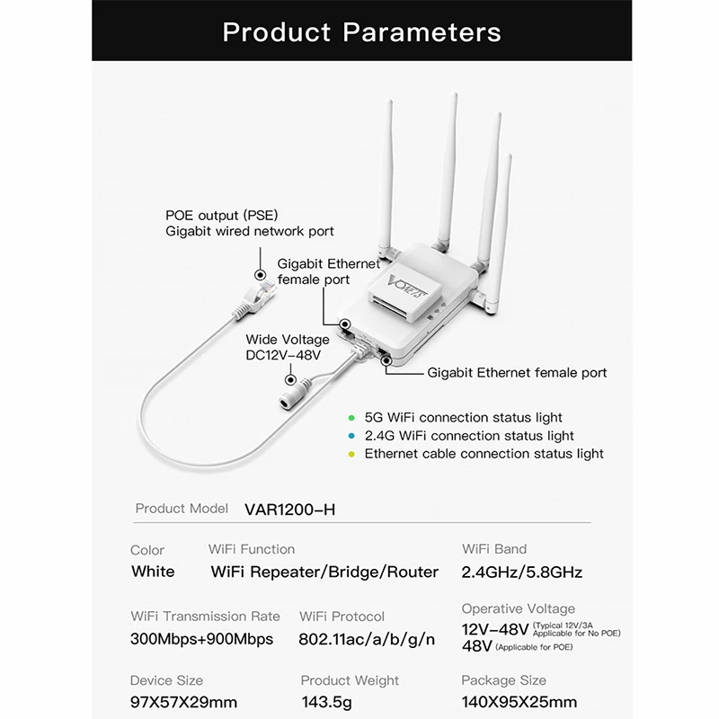 Imagem -02 - Vonets Gigabit Industrial Var1200-h Porta Tripla Wifi Amplificador Repetidor sem Fio ao Receptor com Fio Suporta Saída Poe