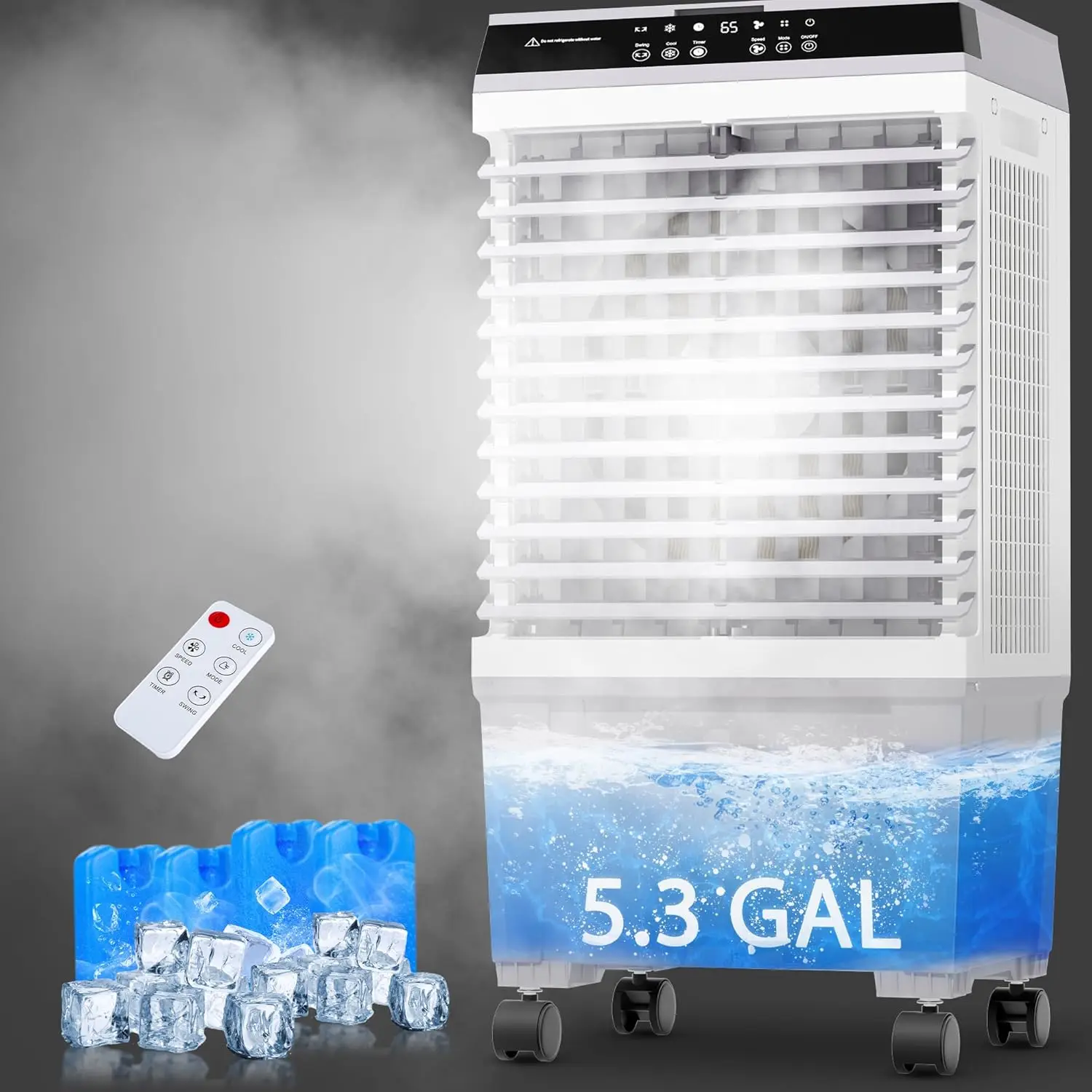 مبرد مستنقع، مبرد هواء تبخيري 3 في 1 مع محرك نحاسي جديد مطور 2025، خزان مياه 5.3 جالون، 4 عبوات ثلج، مؤقت 12 ساعة