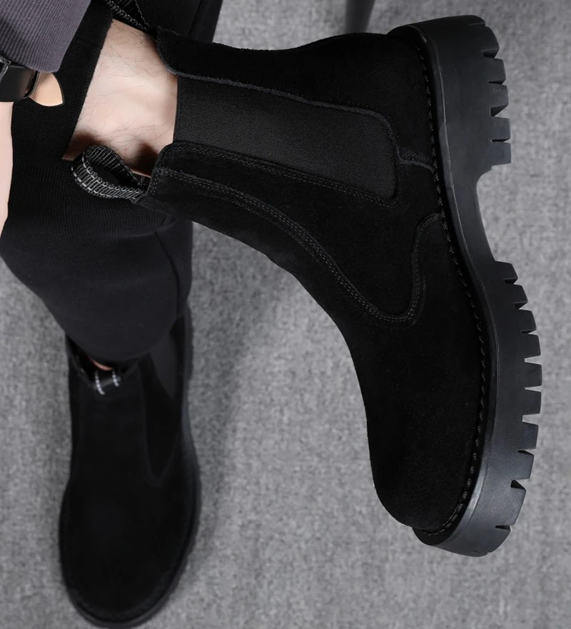 

Мужские модные ботинки на высокой платформе в британском стиле, черные стильные туфли из замши, ковбойские длинные ботинки, весенне-осенние ботинки для мужчин