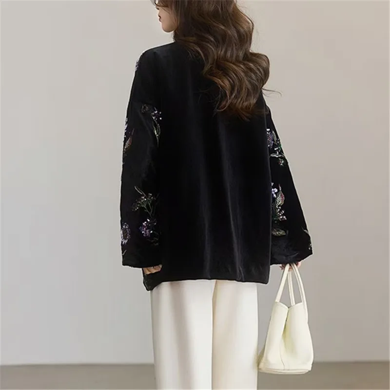 2025 Chinese Embroidery Women Beautiful Loose Sequins Temperament Jacquard Jacquard Flower Cotton-padded Coat Spring Autumn