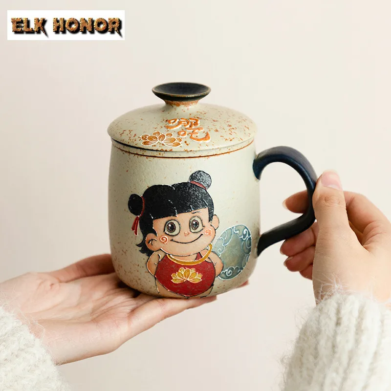 430ml Pure Hand-painted Nezha Flint Red Filter Tea Separator Cup Luxury Tea Mug with Infuser Tea Maker Office Water Cup Craft