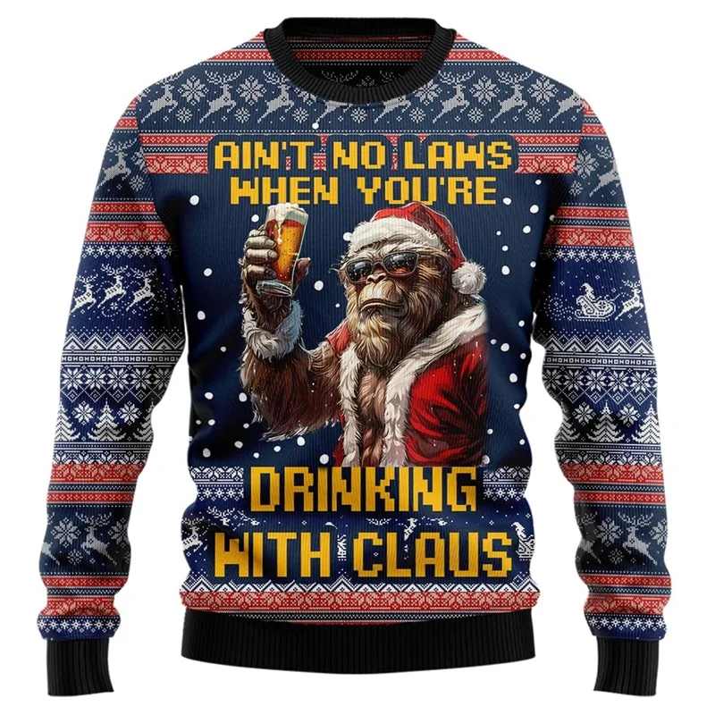 

Full Print Funny Animal Monkey Drink Beer Jumper Sweatshirts For Men Women New In Casual Ugly Christmas Jersey Hoodies Coat